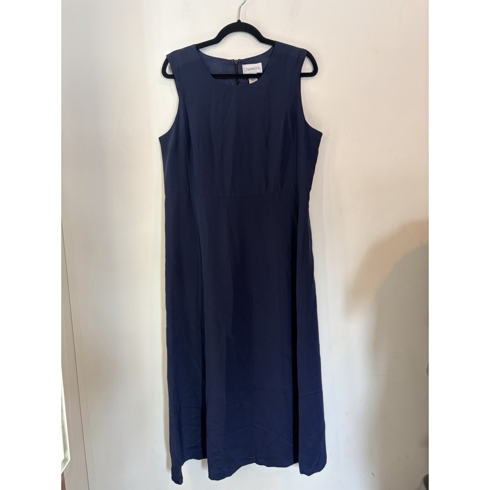 Vintage Chadwick's Womens Blue Dress Size 16 Sleeveless 100% Silk Round Neck Zip